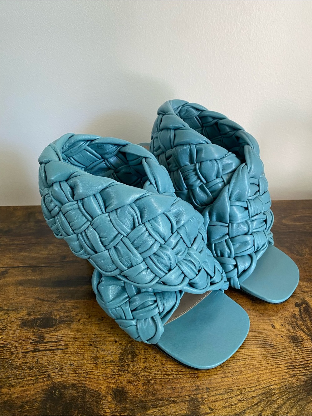 Bottega Veneta Intrecciato Board Heeled Sandals (blue/linoleum)